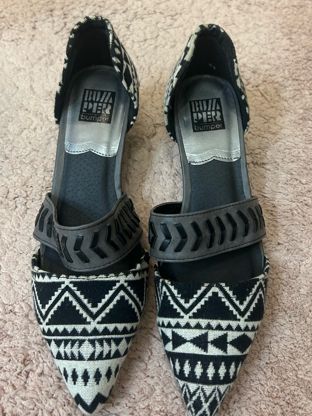 Bumper Black & White Geometric Pointed Flats with Strap